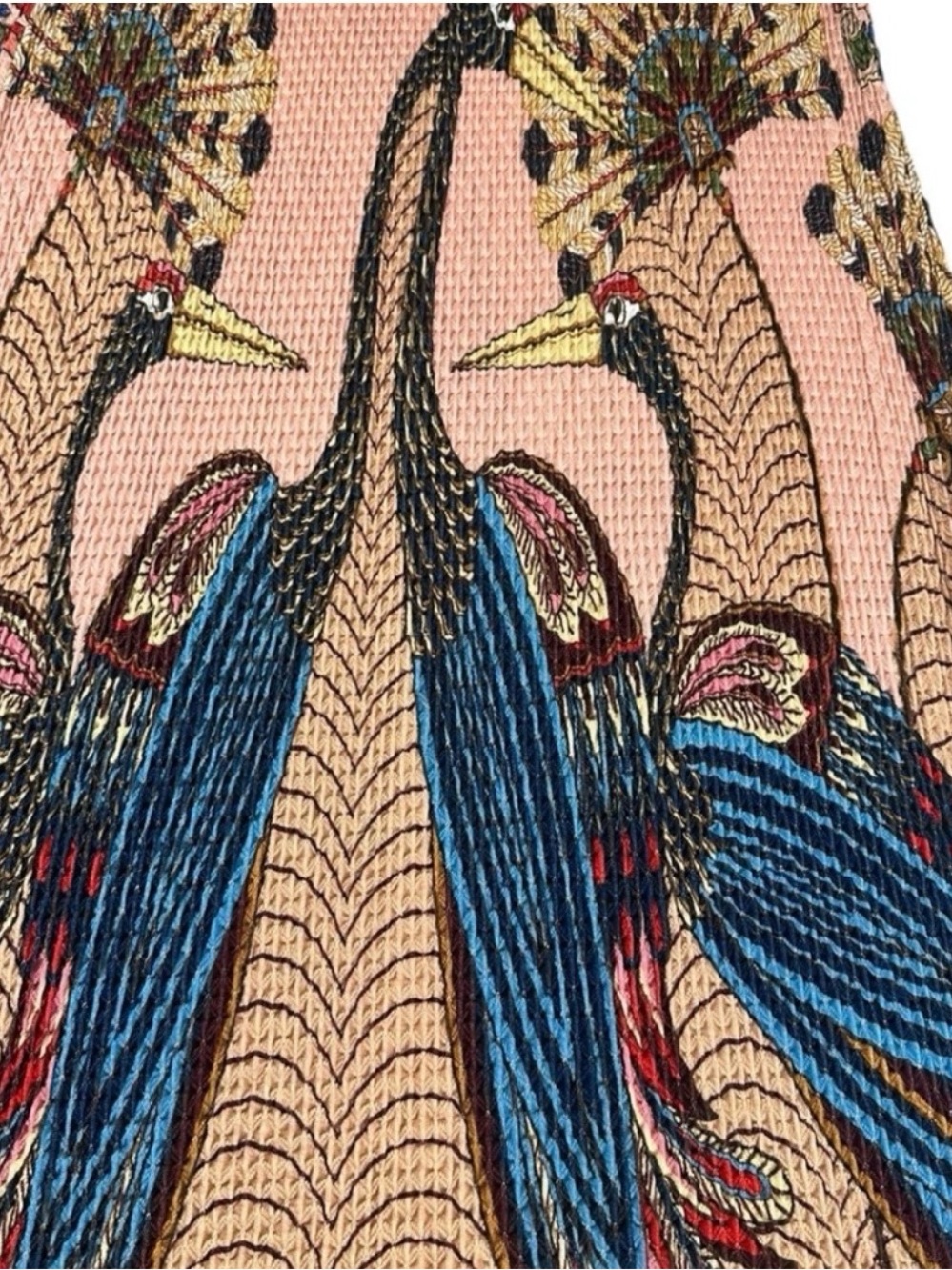 Anthropologie Peach Maxi Skirt with Blue & Red Peacock Print - Picture 6 of 14